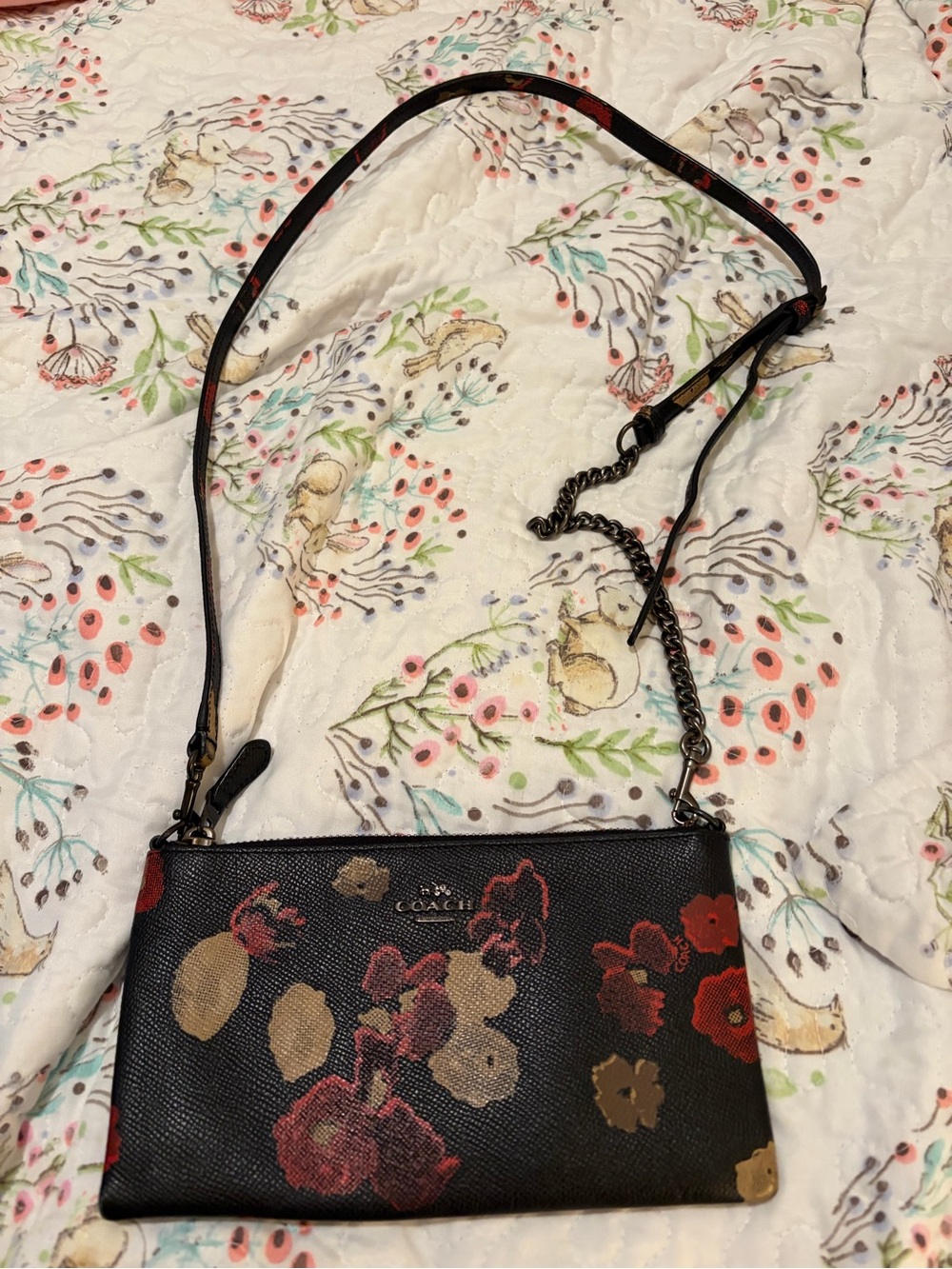 Coach Black Crossbody Bag with Red and Tan Floral Print